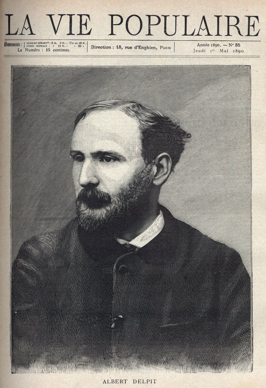 小説家・劇作家のアルベール・デルピット（1849-1893）の肖像。"La vie populaire "に掲載されたエングレーヴィング 作： フランス語学校