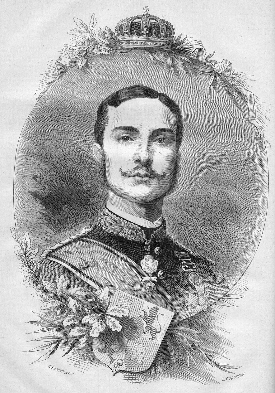 スペイン国王アルフォンソ12世（アルフォンソ）（1857-1885）の肖像。1878年1月19日付「Le Monde Illustré」1085号に掲載されたエングレーヴィング。 作： フランス語学校