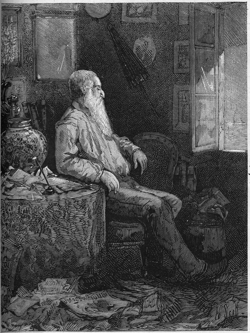 フランスの小説家・劇作家、アルフォンス・カール（1808-1898）の肖像。1878年9月28日付「Le Monde Illustré」1122号に掲載されたエングレーヴィング。 作： フランス語学校