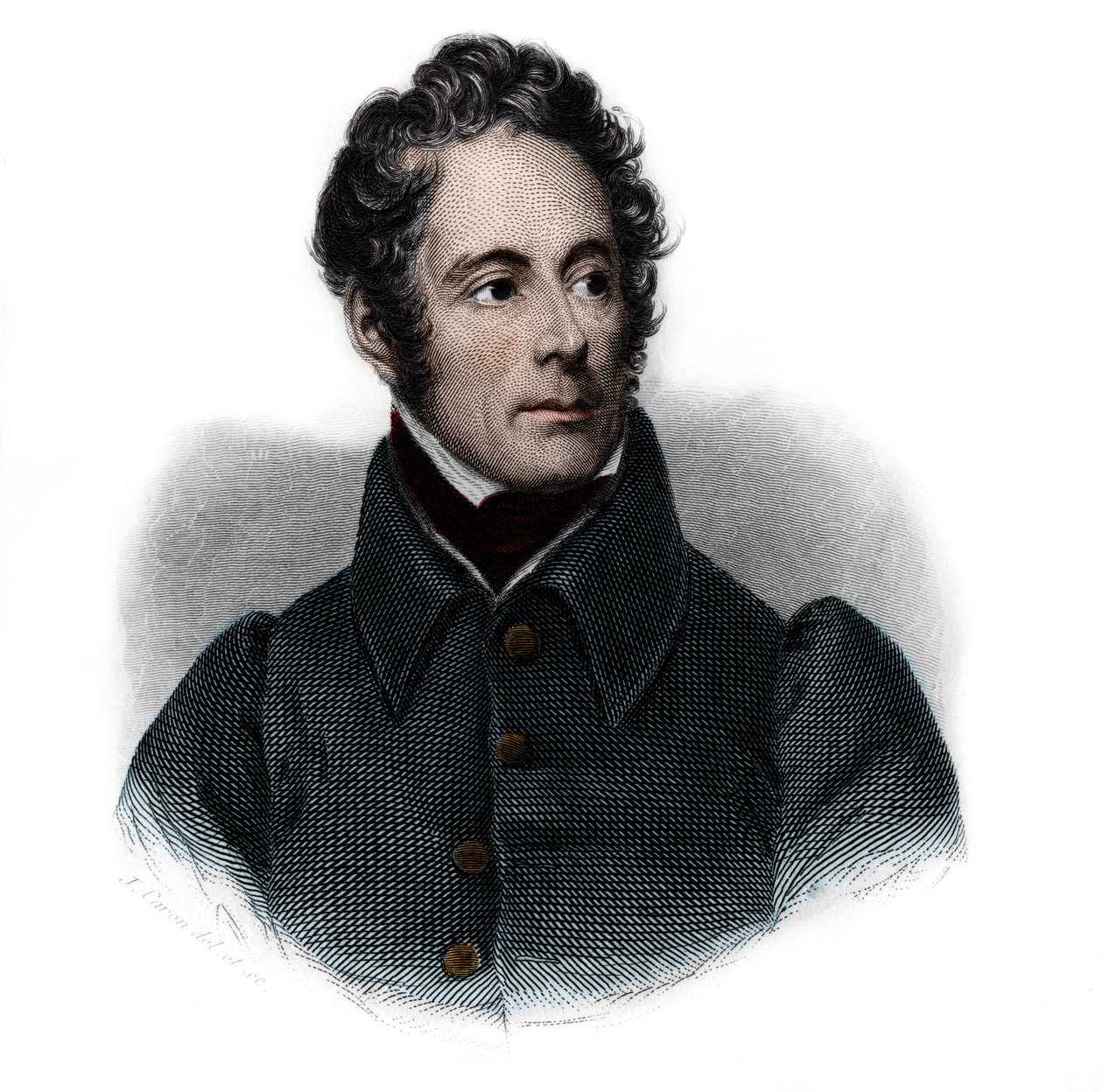 フランスの作家、詩人、政治家であるアルフォンス・ド・ラマルティーヌ（1791-1869）の肖像。ルイ・ド・コルメナン・ティモンの「講演者の書」に掲載されている。1842.個人蔵。 作： フランス語学校