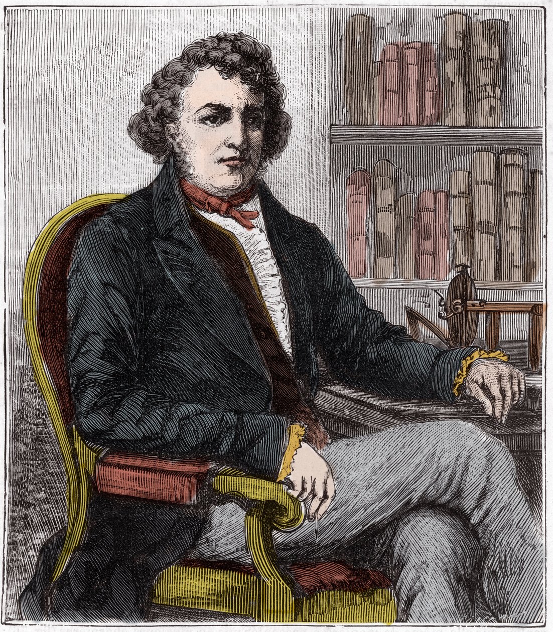 Portrait of Andre Marie Ampere (1775-1836) French physicist - Andre-Marie Ampere (1775-1836), French physicist and pioneer of electrodynamics - Engraving in "Sciences mise à la range de tous - physique et chimie populaires" by Alexis Clerc - End 19th ce. 作： フランス語学校