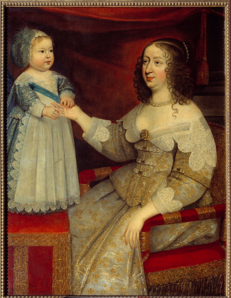 フランス王妃アンヌ・ドートリッシュ（1601-1666）とドルフィン・ルイ14世の子供（1638-1715）の肖像 フランス派の絵画。1643年以前。日 1,2x0,96 m 作： フランス語学校