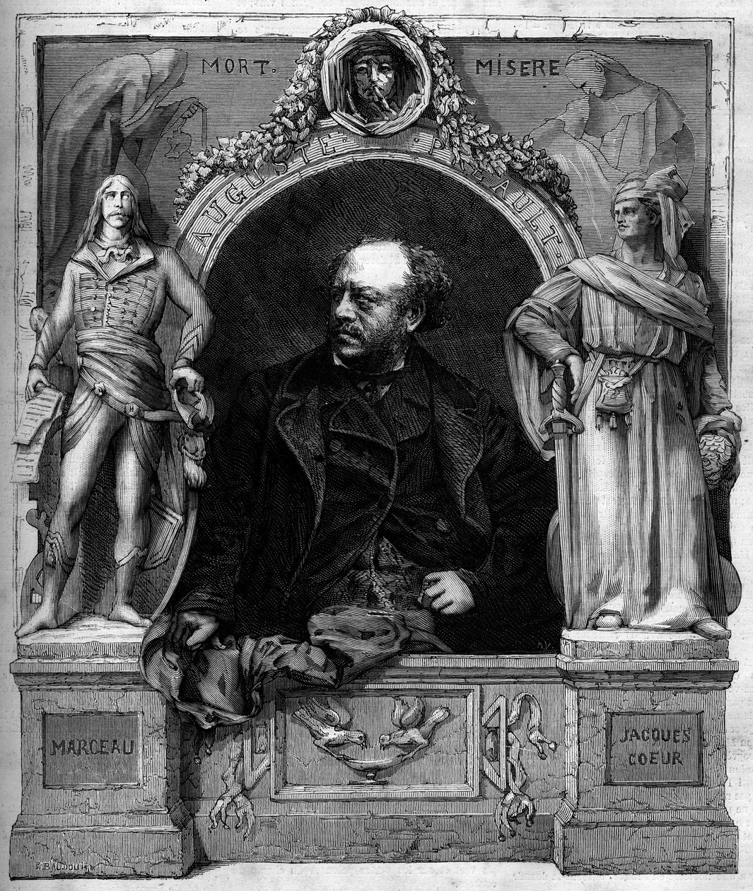 フランスの彫刻家、アントワーヌ・オーギュスタン・プルー（1809-1879）の肖像。1月25日付「Le Monde Illustré」1139号に掲載されたエングレーヴィング 作： フランス語学校