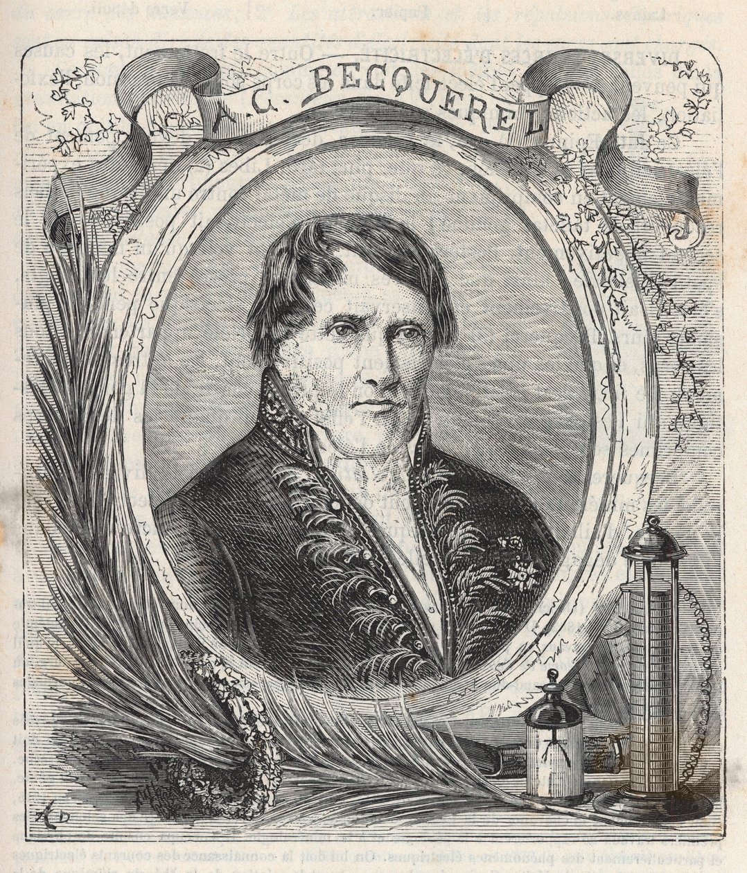 フランスの物理学者アントワーヌ・セザール・ベクレル（1788-1878）の肖像 - アレクシス・クレールの「Sciences à la gratete de tous - physics et chimie populaires」に掲載されたエングレービング - 19世紀末 - 個人蔵 作： フランス語学校