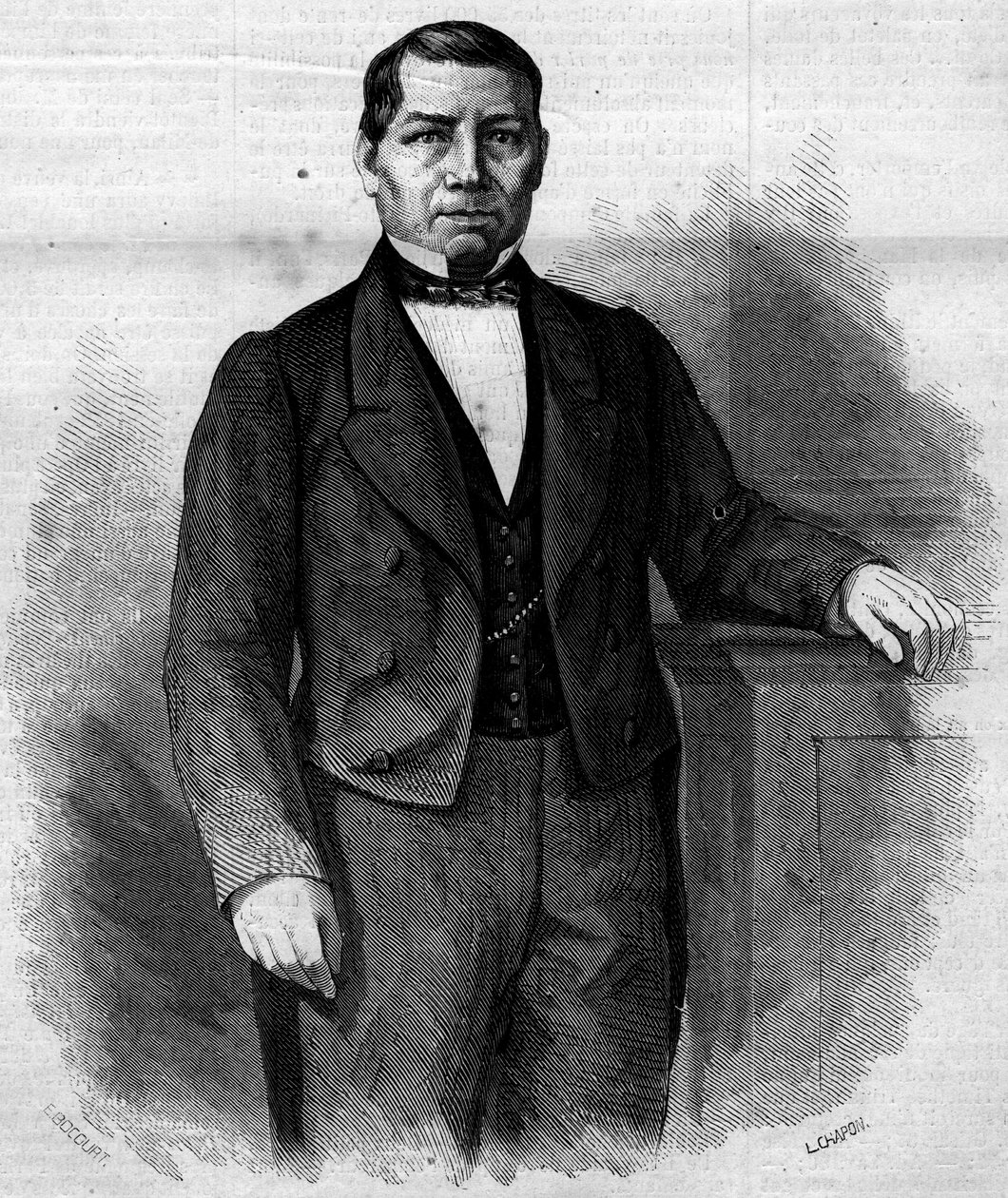 メキシコの政治家、ベニート・パブロ・フアレス・ガルシア（1806-1872）の肖像。1862年6月14日付「Le Monde Illustré」270号に掲載されたエングレーヴィング。 作： フランス語学校