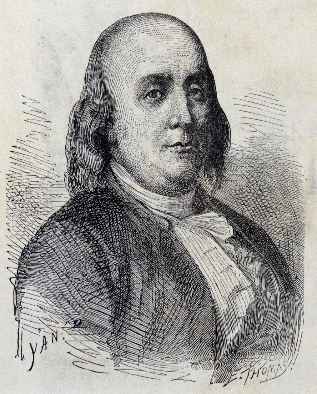 ベンジャミン・フランクリン（1706-1790）の肖像 - 1896年の "Album of Science; illustrious scholars; Great Discoveries "に掲載されています。 作： フランス語学校