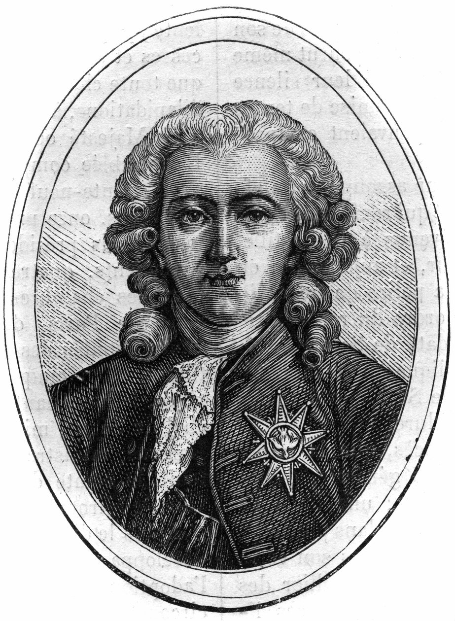 ルイ16世時代のフランスの政治家（1734-1802）で、財務管理者であったシャルル・アレキサンドル・ド・カロンヌの肖像。モーリス・ラシャトレ著「Histoire des Papes-Rois-Queen and Empereurs a travers les centuries」に掲載されている図版 作： フランス語学校