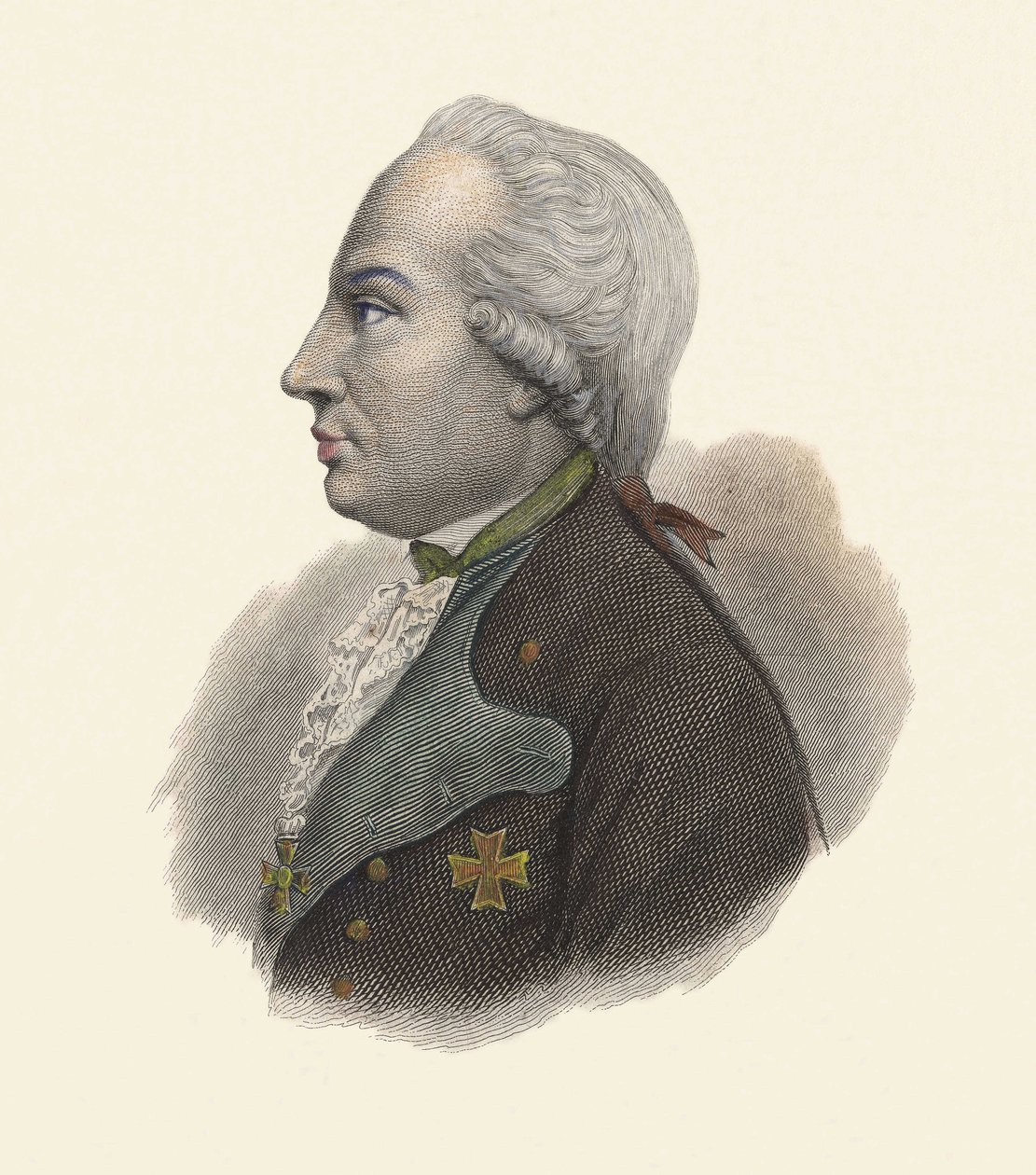 プロイセンの将軍、ブルンスウィック公シャルル・ギヨーム・フェルディナンド（1735-1806）の肖像。"Portraits des Hommes Useful "所収。 作： フランス語学校