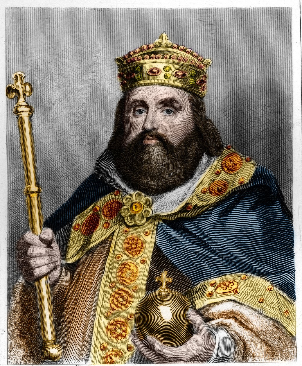 シャルル3世3世グロ（839-888）の肖像（西方皇帝（881-887）、フランス摂政（884-887）） - ラヴァレの『フランス史』に掲載、エングレーヴィング、sd. 作： フランス語学校