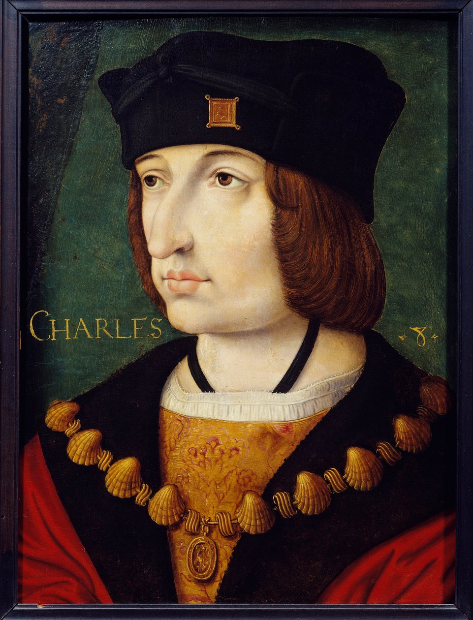 ルイ11世の息子シャルル8世（1470-1498）の肖像 ジャン・ペレアルによる16世紀フランス派の絵画。薄暗い。0.36x0.27 m シャンティイ、コンデ美術館 作： フランス語学校