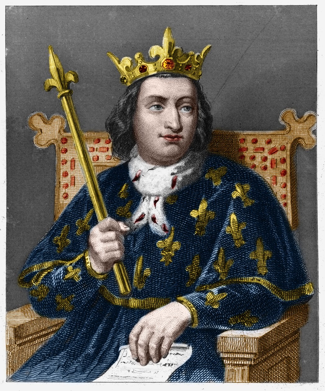 フランス王シャルル5世（1338-1380）の肖像 - ラヴァレの『フランス史』に掲載、エングレーヴィング、SD。 作： フランス語学校