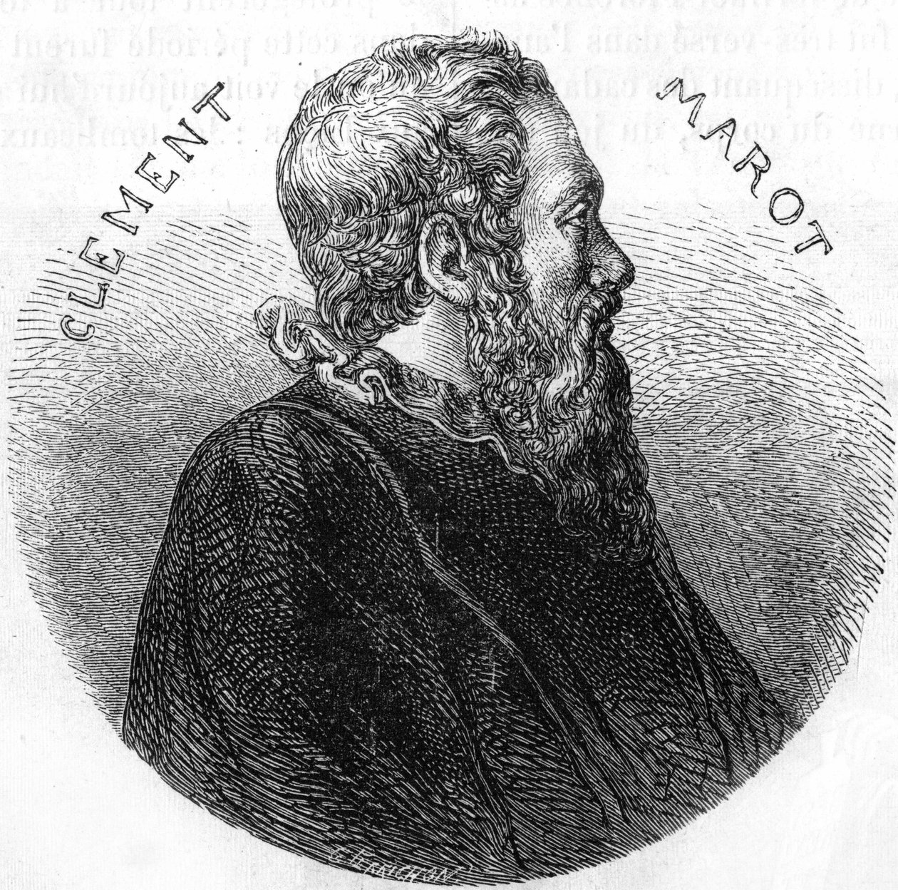 詩人Clement des Marets dit Marot (1496-1544)の肖像。1885年頃の「Histoire Populaire de la France」に掲載されています。エングレービングです。 作： フランス語学校