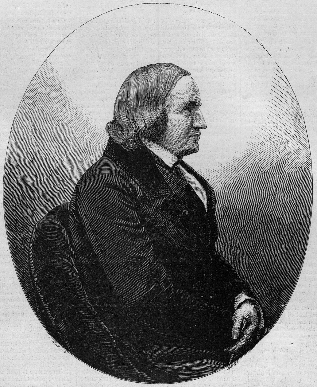 フランスの作家・詩人であるアルフレッド・ド・ヴィニー伯爵（1797-1863）の肖像。1857年12月19日付「Le Monde Illustré」36号に掲載された版画。 作： フランス語学校