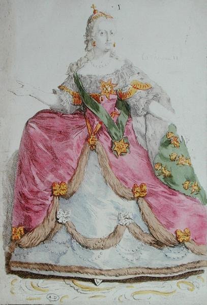 ロシア皇后エカテリーナ2世（1729-96）大帝の肖像 18世紀後半（彩色彫刻版） 作： フランス語学校
