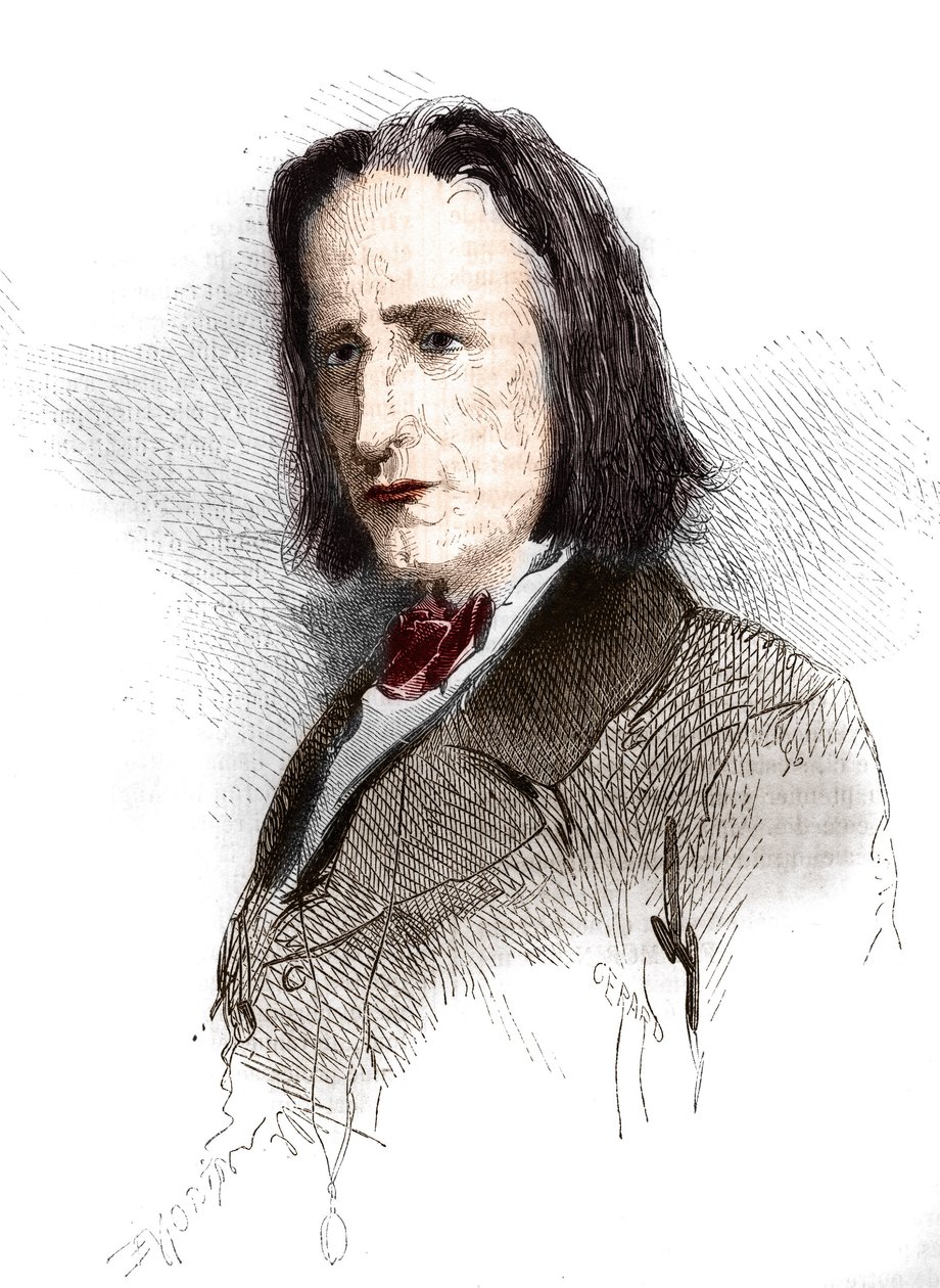 ハンガリーの作曲家・ピアニスト、フランツ・リスト（Listz）（1811-1886）の肖像。1865-1866年のエングレーヴィング。 作： フランス語学校
