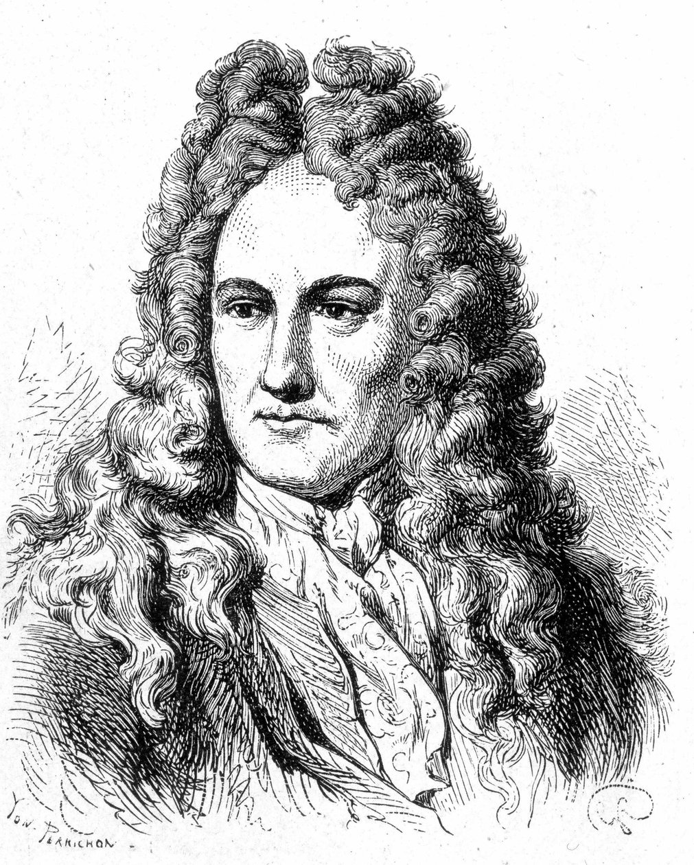 ドイツの哲学者・学者であるゴットフリート・ヴィルヘルム・フォン・ライプニッツ（1646 - 1716）の肖像画（1896年の "Album of Science; illustrious scholars; Great discoveries "所収 作： フランス語学校
