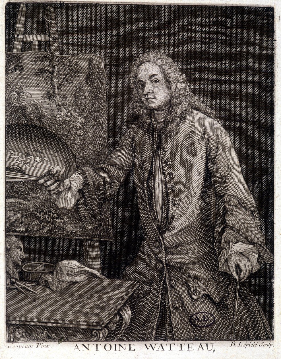 フランスの画家、ジャン・アントワーヌ・ワトー（1684-1721）の肖像 - エングレーヴィング 作： フランス語学校