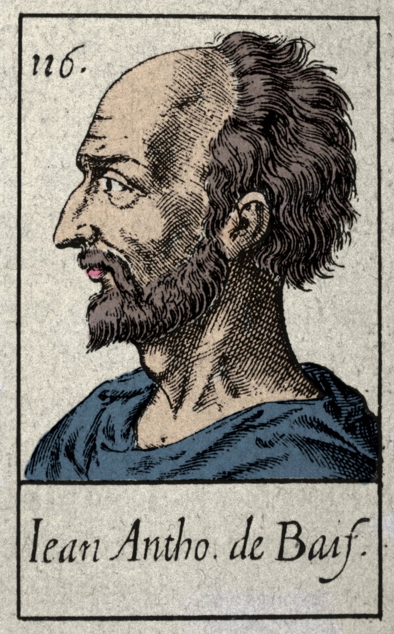 フランスの詩人、ジャン・アントワーヌ・ド・バイフ（1532-1589）の肖像。19世紀のエングレーヴィング。 作： フランス語学校