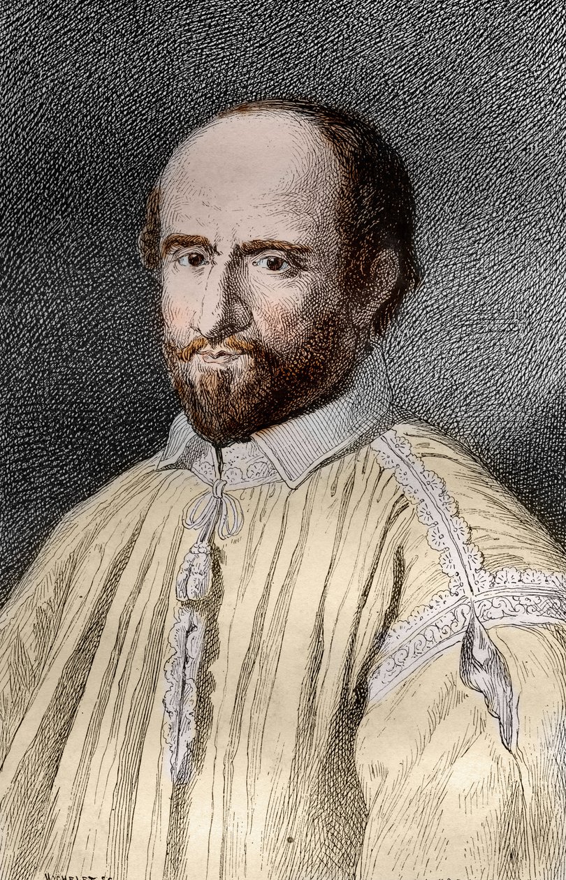 Retrato de Jean Duvergier de Hauranne (1581-1643), abade de Saint-Cyran, religioso e teólogo francês jansenista (Jean du Vergier de Hauranne, abade de Saint Cyran (1581-1643) monge francês que introduziu o jansenismo na França) Gravura de “ Les Mysteres 作： フランス語学校