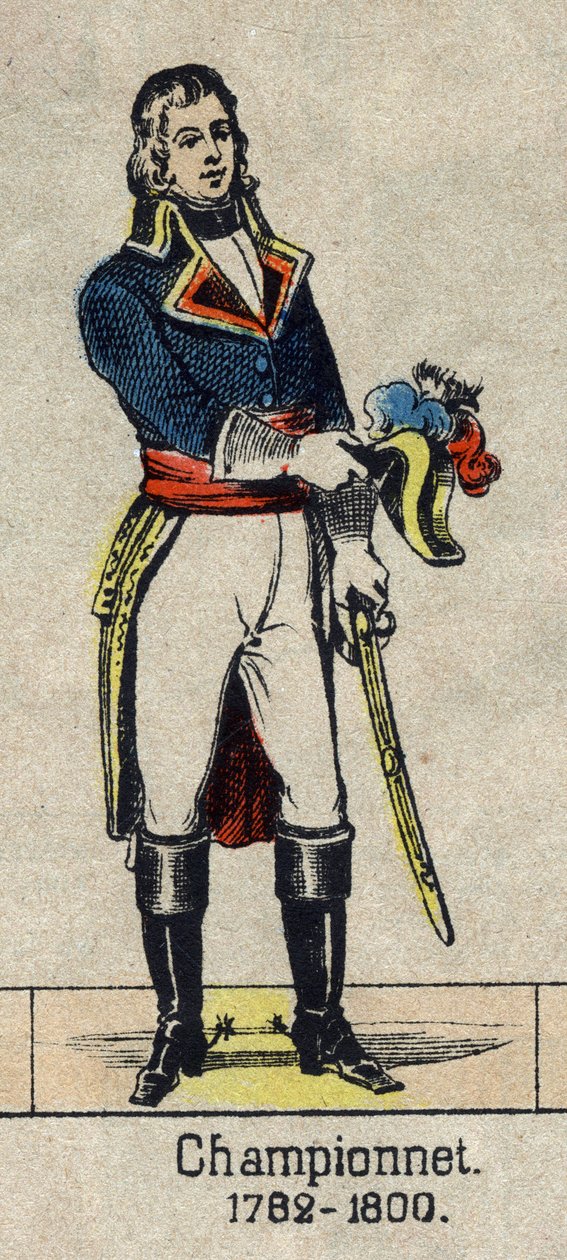 フランスの将軍、ジャン・エティエンヌ・シャンポネ（1762-1800）の肖像。19世紀末のエピナルのイメージ。 作： フランス語学校