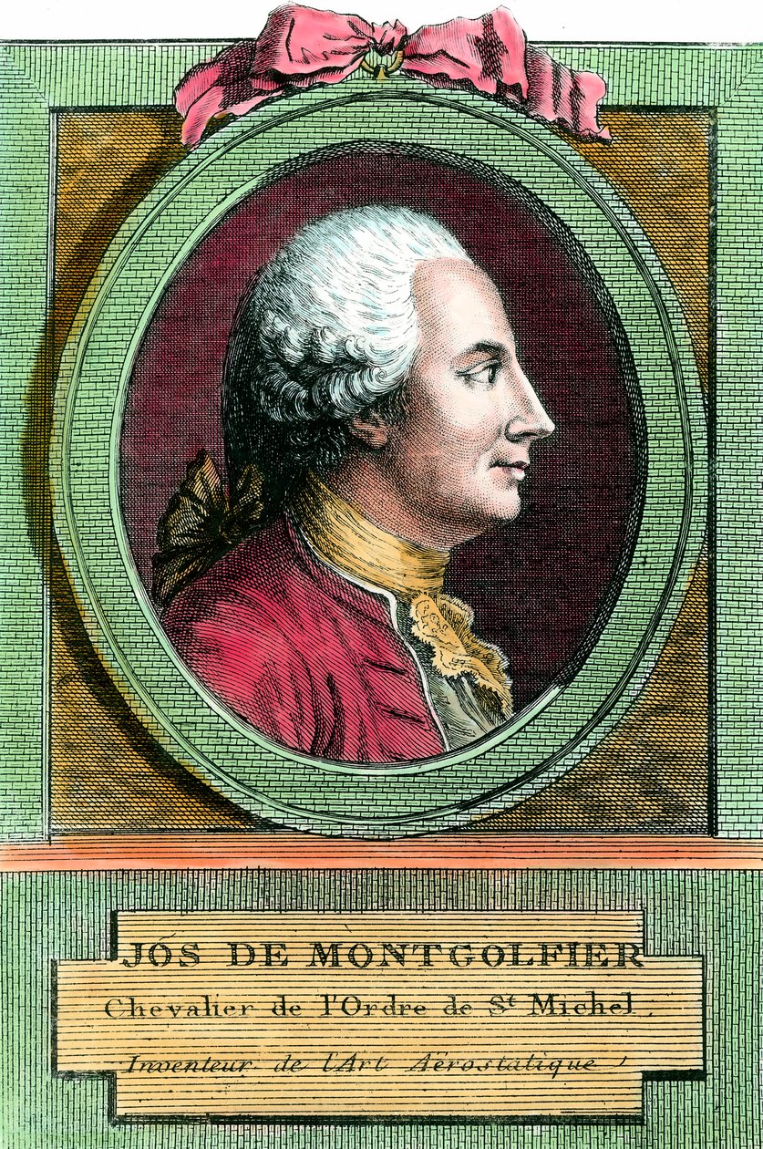熱気球を発明したジョセフ・ド・モンゴルフィエ（1740〜1810）の肖像。18世紀のエングレーヴィング。個人蔵。 作： フランス語学校