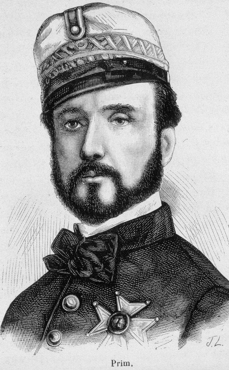 スペインの将軍であり政治家であったフアン・プリム・イ・プラッツ（1814～1870年）の肖像 - アンリ・マルタンの「フランス史」より 作： フランス語学校