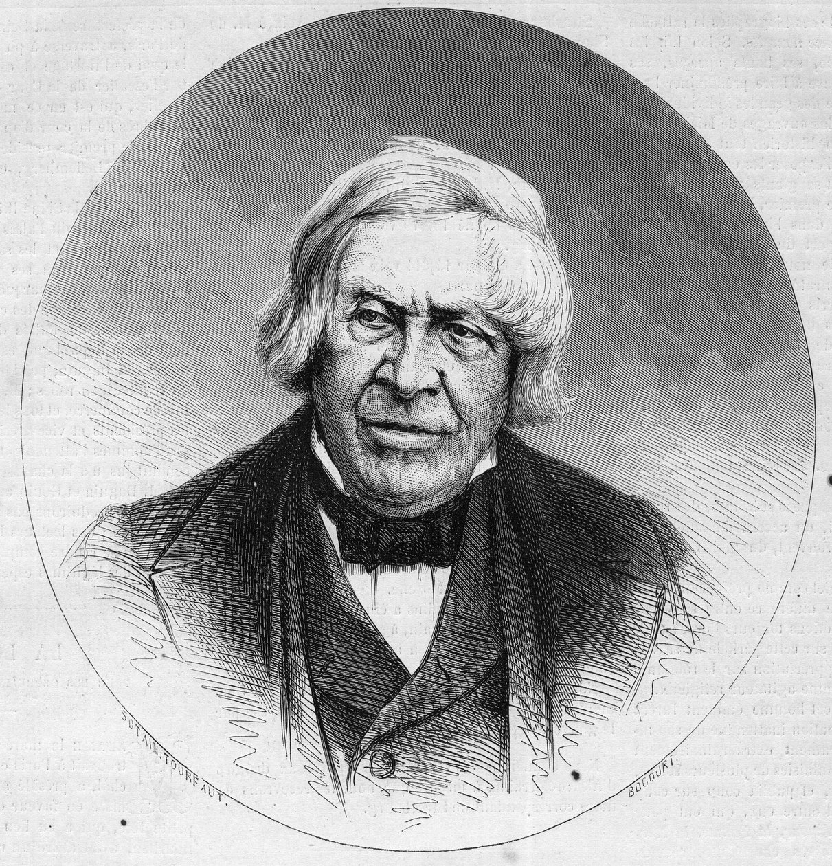 フランスの歴史家・作家であるジュール・ミシュレ（1798-1874）の肖像。1874年2月14日付「Le Monde Illustré」879号に掲載されたエングレーヴィング。 作： フランス語学校