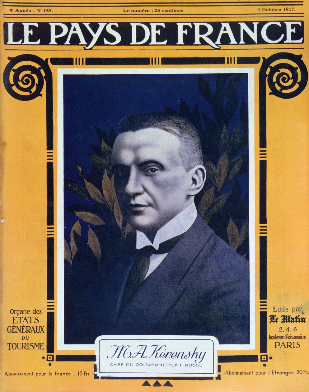1917年10月4日、フランスの雑誌Le Pays de Franceの表紙、ケレンスキーの肖像 作： フランス語学校