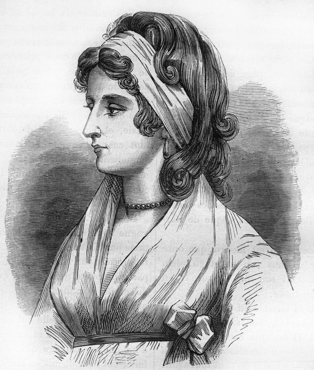 ホレイショ・ネルソン（ネルソン提督）（1758-1805）の愛人であったレディ・ハミルトン（エマ・ライオンズ）（1765-1815）の肖像。古代から現代までの世界のあらゆる民族における売春と放蕩の歴史」に掲載されている版画で、Dr. Th.-F.Debray 作： フランス語学校