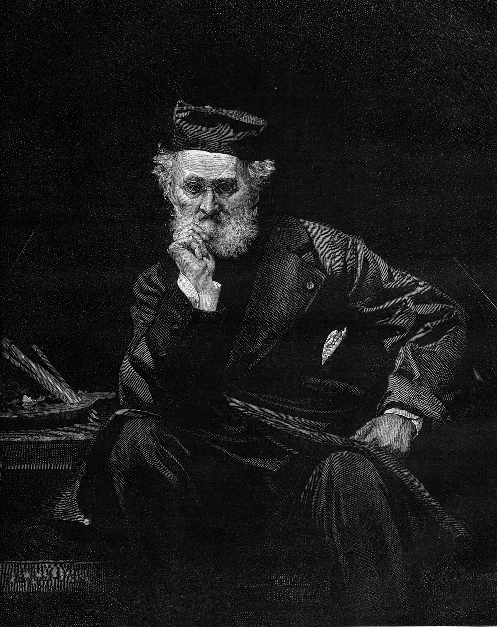 フランスの画家、レオン・コニエ（1794-1880）の肖像。1880年12月4日付「Le Monde Illustré」1236号に掲載されたエングレーヴィング。 作： フランス語学校
