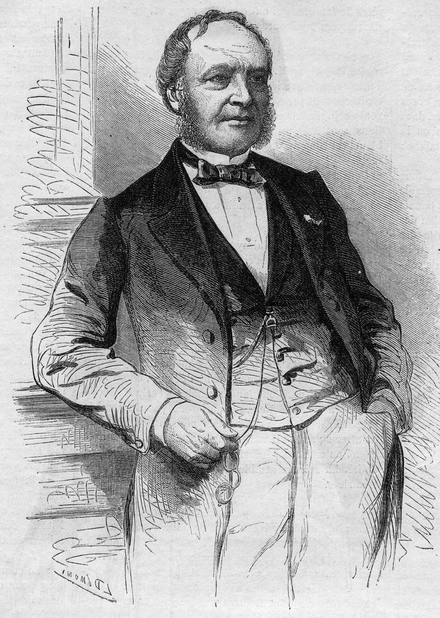 フランスの編集者、ルイ・クリストフ・フランソワ・アシェット（1800-1864）の肖像。1864年8月13日付「Le Monde Illustré」383号に掲載された版画。 作： フランス語学校