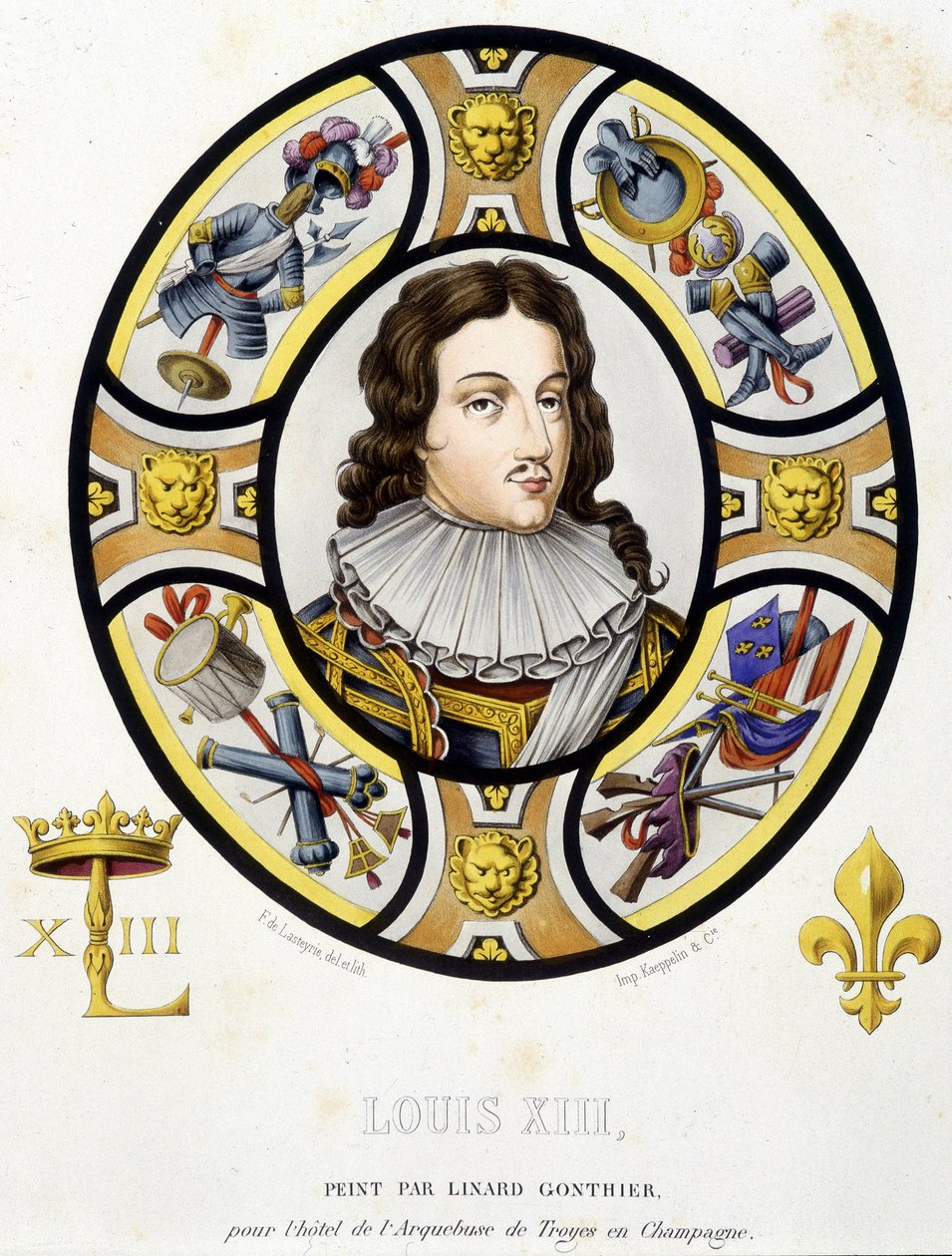 フランス王ルイ13世（1601-1643）の肖像。Ferdinand de Lasteyrie著「Histoire de la peinture sur verre」に掲載されている中世のステンドグラスのFacsimile。 作： フランス語学校