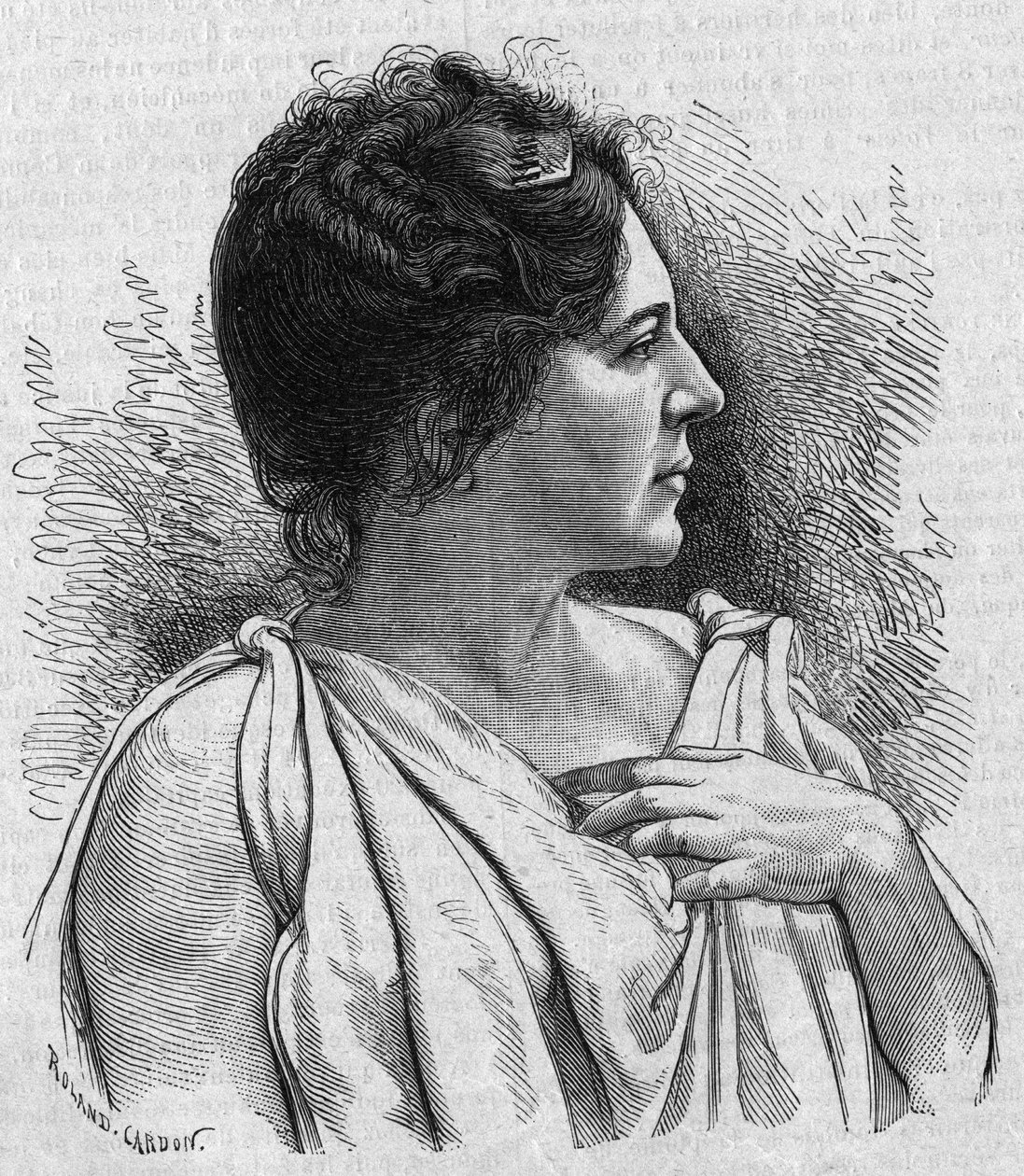 フランスのコメディアン、マダム・アガー（Marie Leonide Charvin, dit）（1836-1891）の肖像。1895年11月21日の「La gazette du dimanche」に掲載されたエングレーヴィング。 作： フランス語学校