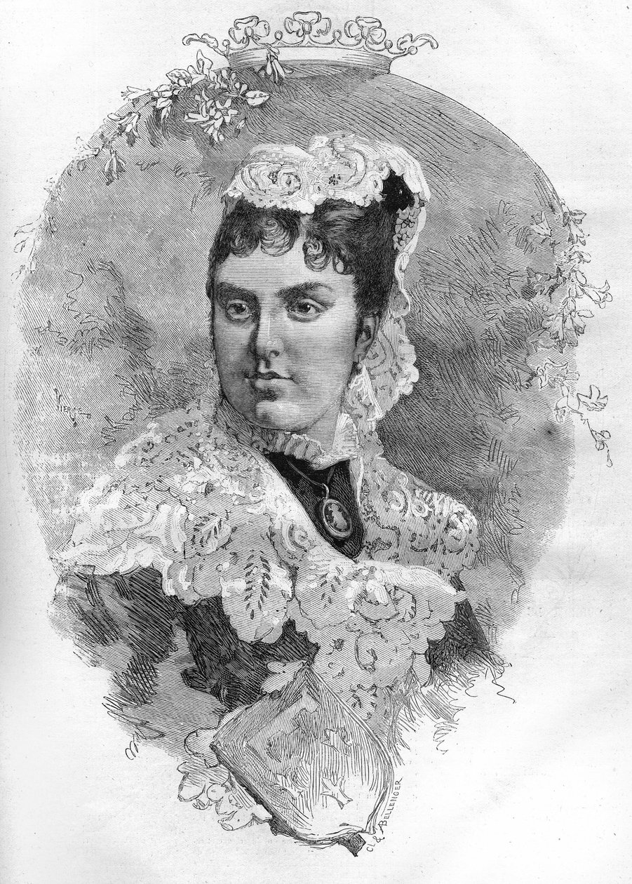 スペイン女王メルセデス・ドルレアン（Maria de las Mercedes de Orleans）（1860-1878）の肖像。1878年1月19日付「Le Monde Illustré」1085号に掲載されたエングレーヴィング。 作： フランス語学校
