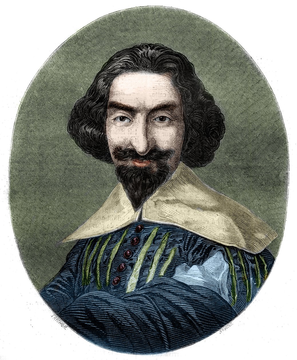 スペインの作家、ミゲル・デ・セルバンテス・サアベドラ（1547-1616）の肖像。ベラスケスの絵から1852年に作成された版画。 作： フランス語学校