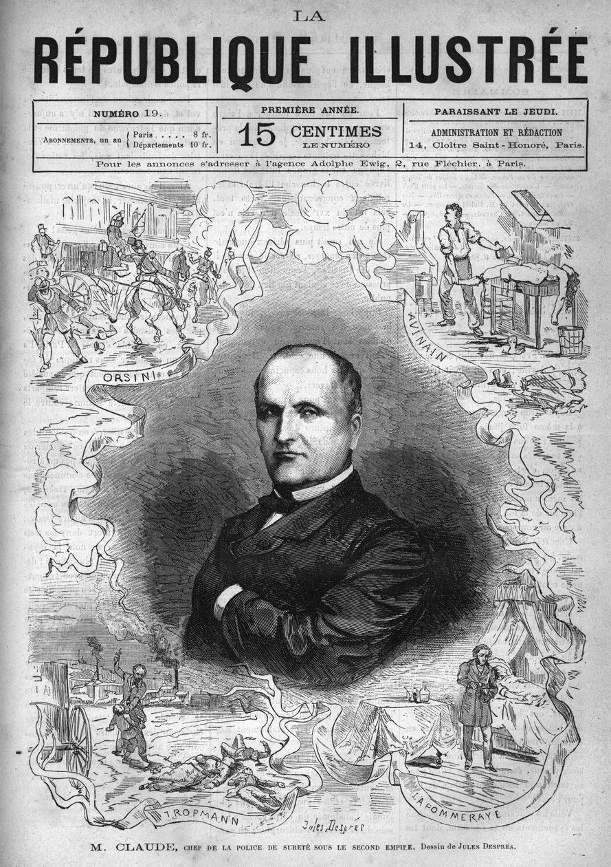 ムッシュ・クロード（Antoine Francois Claude dit）（1807-1880）は、フランスの警察官であり、作家でもあり、第二帝政期には治安警察の長官を務めました。ある新聞。個人コレクション「La republique illustree」の1880年のエングレーヴィング。 作： フランス語学校