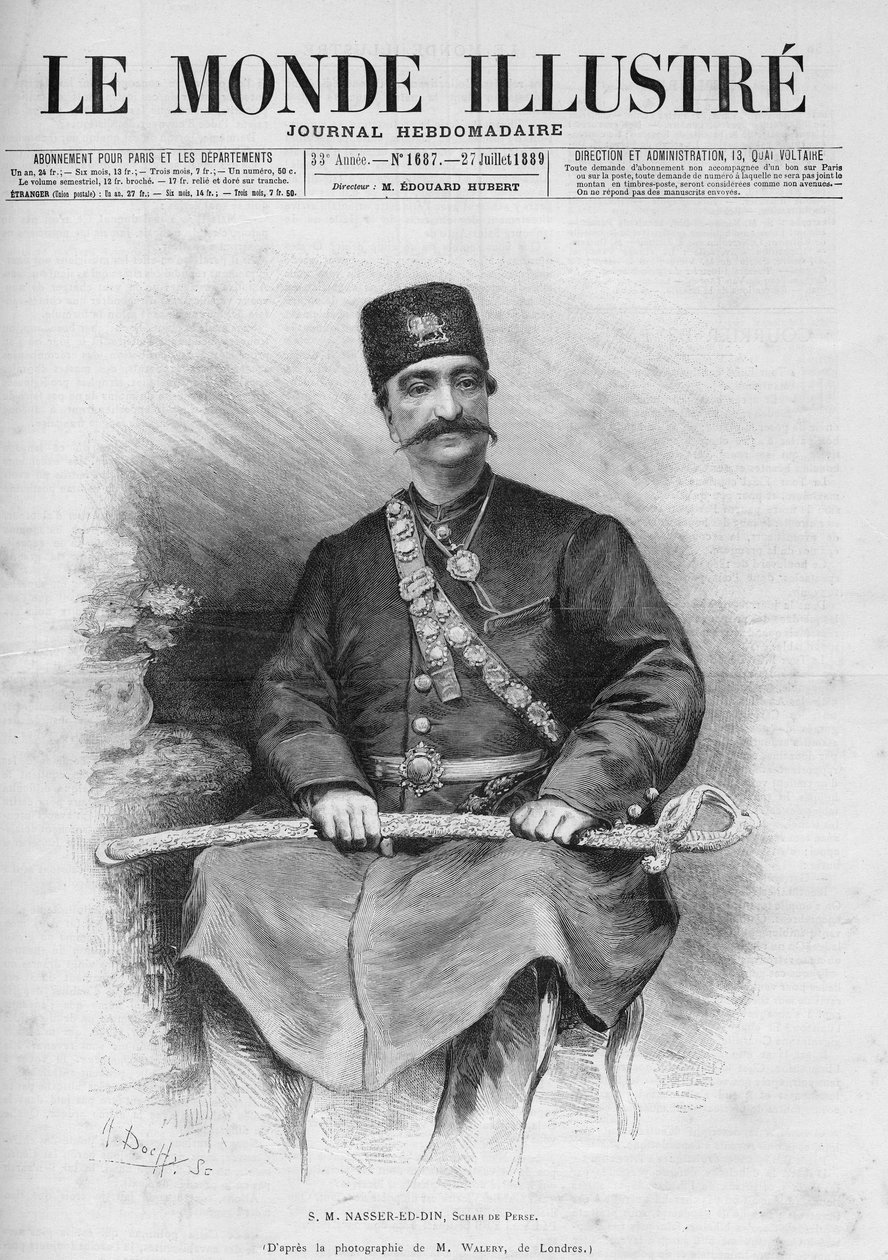Porträt von Nasser Ed Din (1831-1896), Schah von Persien (Iran). Auch genannt Nasseredin Schah, Nasserer-al-Din Schah Qajar, Nasser al-Din Schah Qajar, Nassiruddin Schah. Eine der Zeitungen „Le Monde Illustré“ Nr. 1687 vom 27. Juli von French School