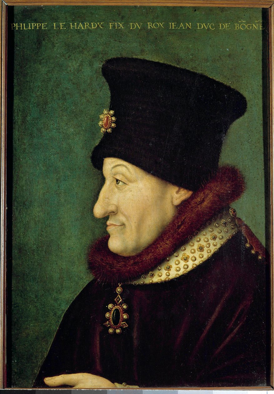 フィリップ・ハーディー2世（1342-1404）の肖像 1363年のブルゴーニュ公 フランス派の絵画。16世紀。日 0,42x0,29 m 作： フランス語学校