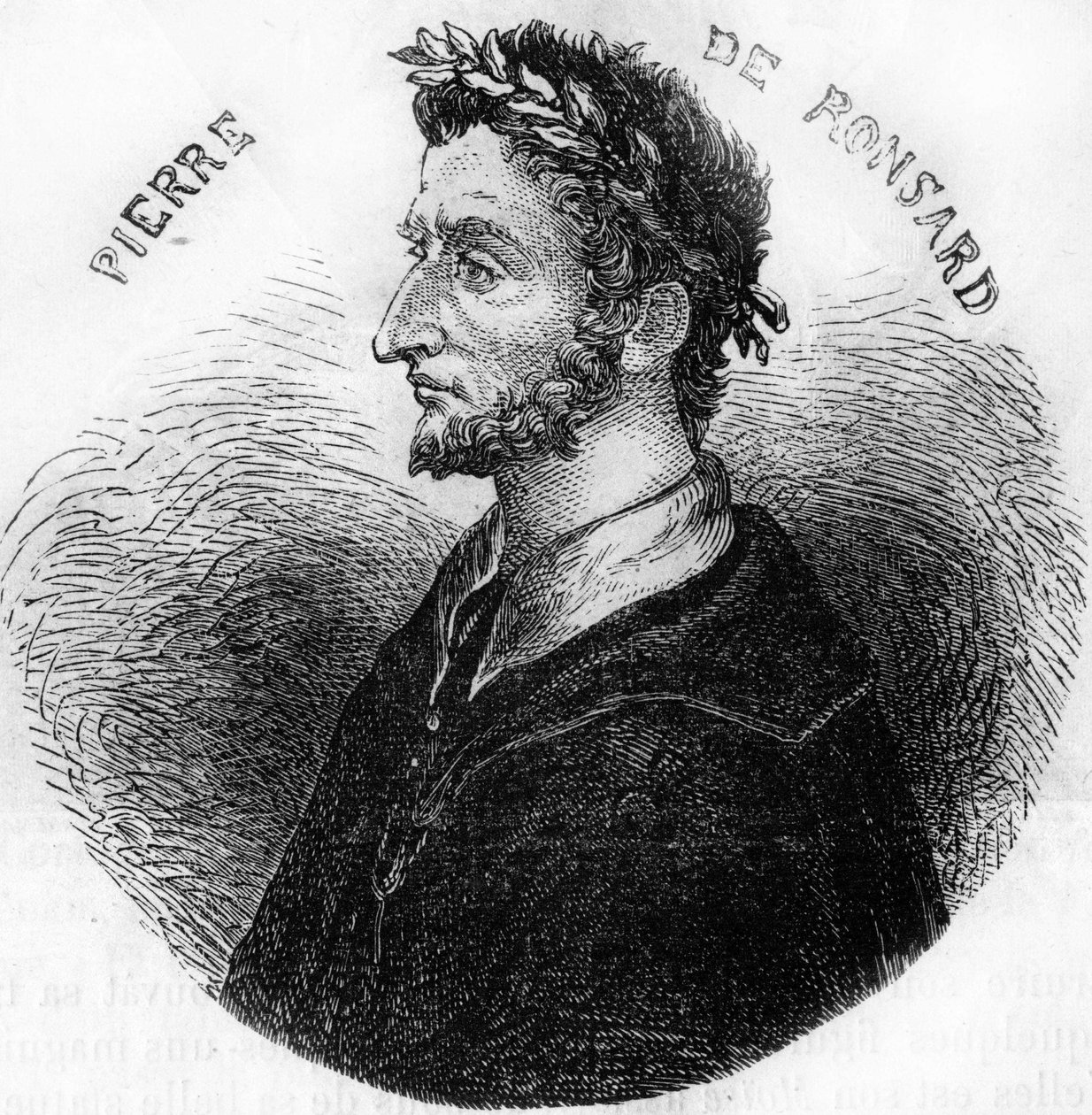 詩人ピエール・ド・ロンサール（1524-1585）の肖像。1885年頃の「Histoire Populaire de la France」に掲載されています。エングレービングです。 作： フランス語学校