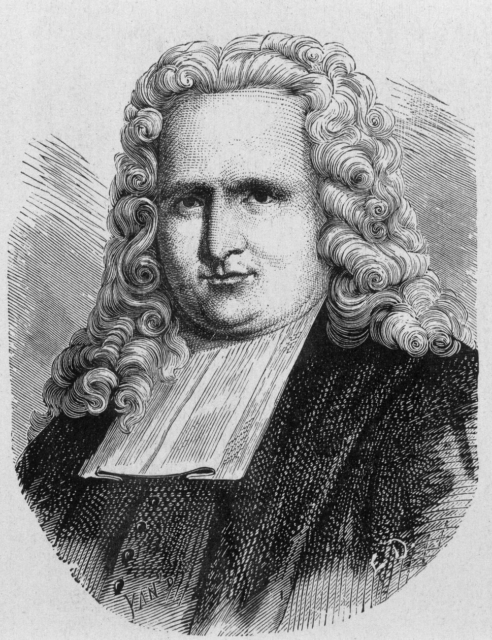 オランダの物理学者で、1745年に最初の電気コンデンサーを発明したPieter (Petrus, Pierre) van Musschenbroek (1692 - 1761) の肖像画（Leidenのボトル） - 1896年の「Album of Science; illustrious scientists; Great discoveries」に掲載。 作： フランス語学校