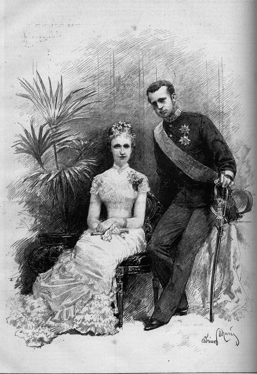ベルギーのステファニー王女（1864-1945）とオーストリアのロドルフ大公（1858-1889）の肖像。1880年5月29日付「Le Monde Illustré」1209号に掲載されたエングレーヴィング。 作： フランス語学校