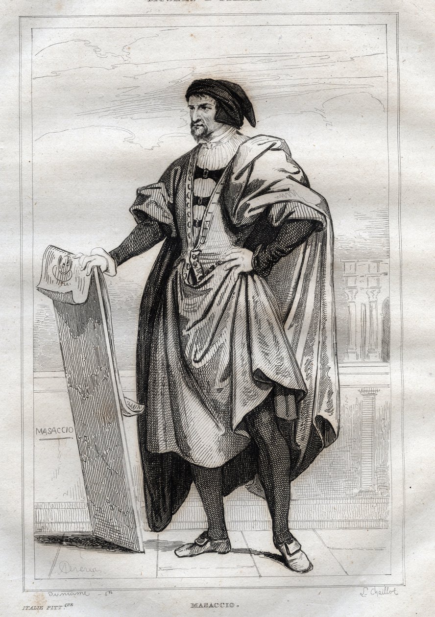 イタリア人画家マサッチョ（Tommaso di Giovanni Cassai）（1401-1428）の肖像 - M. de Norvins, Ch. Nodier 1834-1836による "Italy Picturesque" - History and Descriptive Painting of Italyからのエングレーヴィング。 作： フランス語学校