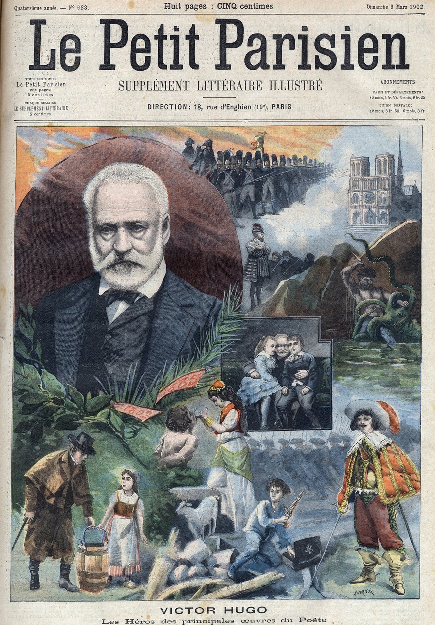 フランスの作家、ヴィクトル・ユーゴー（1802-1885）の肖像と、彼の主要作品のイラスト。"Le petit Parisien "に掲載された版画 作： フランス語学校