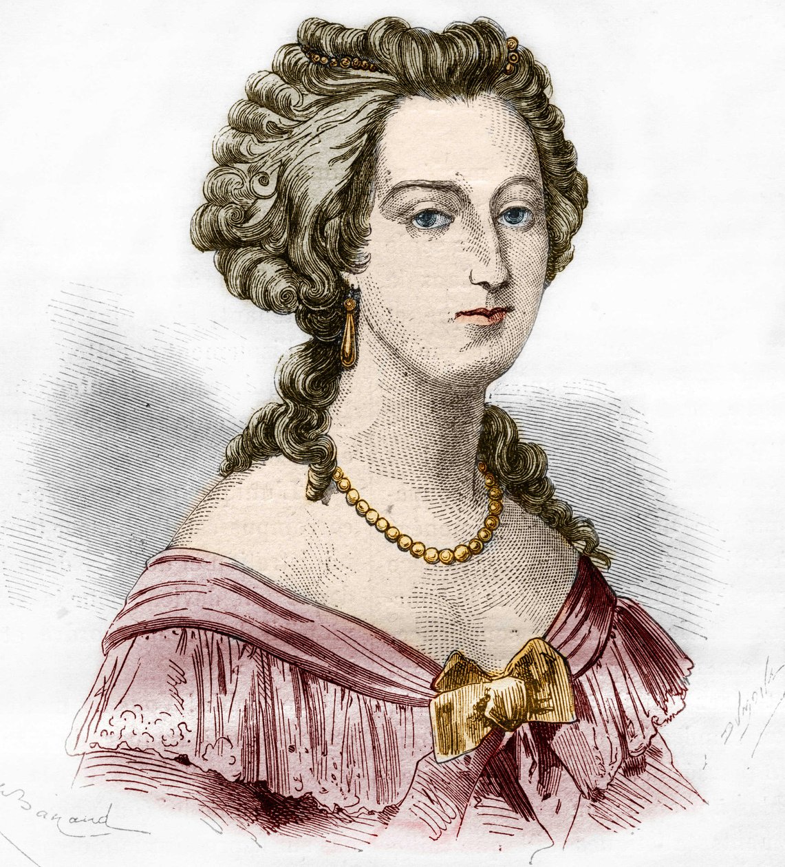 ブフラー侯爵夫人Marie Francoise Catherine de Beauvau Craon (1711-1787)の肖像。古代から現代までの世界のすべての民族における売春と放蕩の歴史」に掲載されているエングレーヴィング。-F.Debrayによる「古代から現代までの世界のすべての民族における売春と放蕩の歴史」の版画。1879. 作： フランス語学校