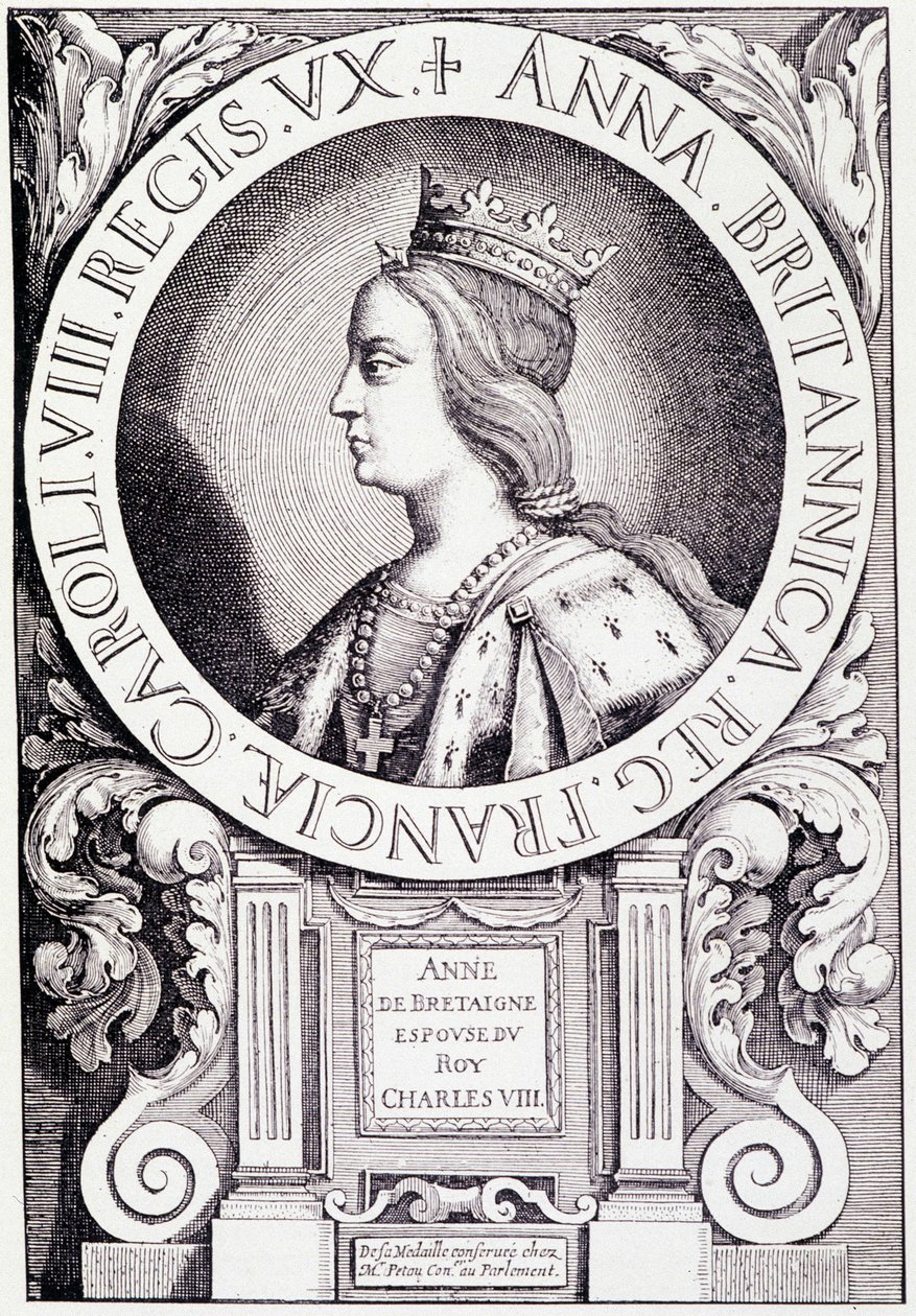 フランス王妃アンヌ・ド・ブルターニュ（1477-1514）の肖像。ポール・ラクロワ著「ルイ12世とアンヌ・ドゥ・ブルターニュ」からの挿絵。ジョルジュ・フルトレル 作： フランス語学校