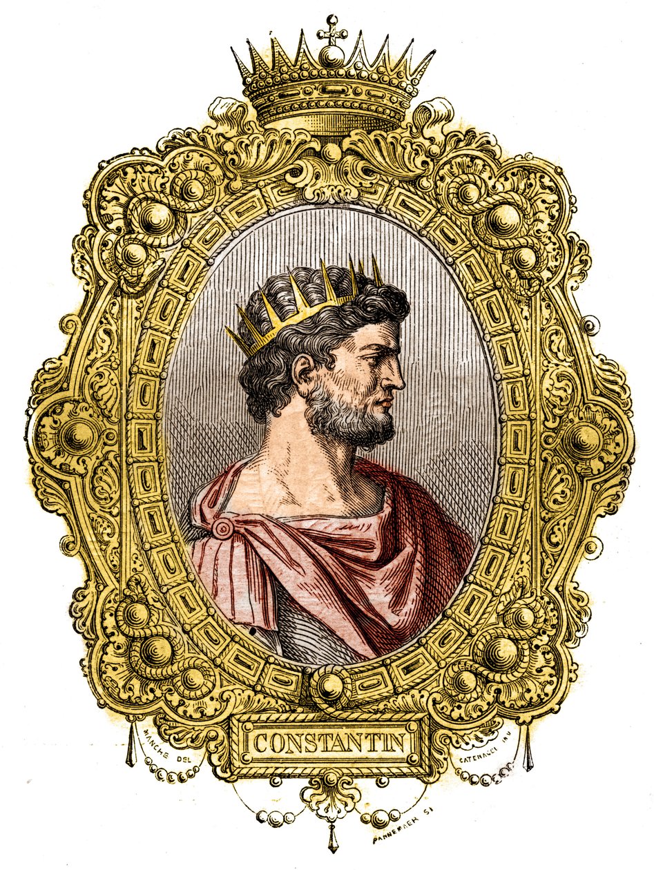 ローマ皇帝コンスタンティヌス1世（274〜337年）の肖像。モーリス・ラシャトレ著「Histoire des papes-king-queens-et-empereurs a travers les centuries」に掲載されている図版。 作： フランス語学校