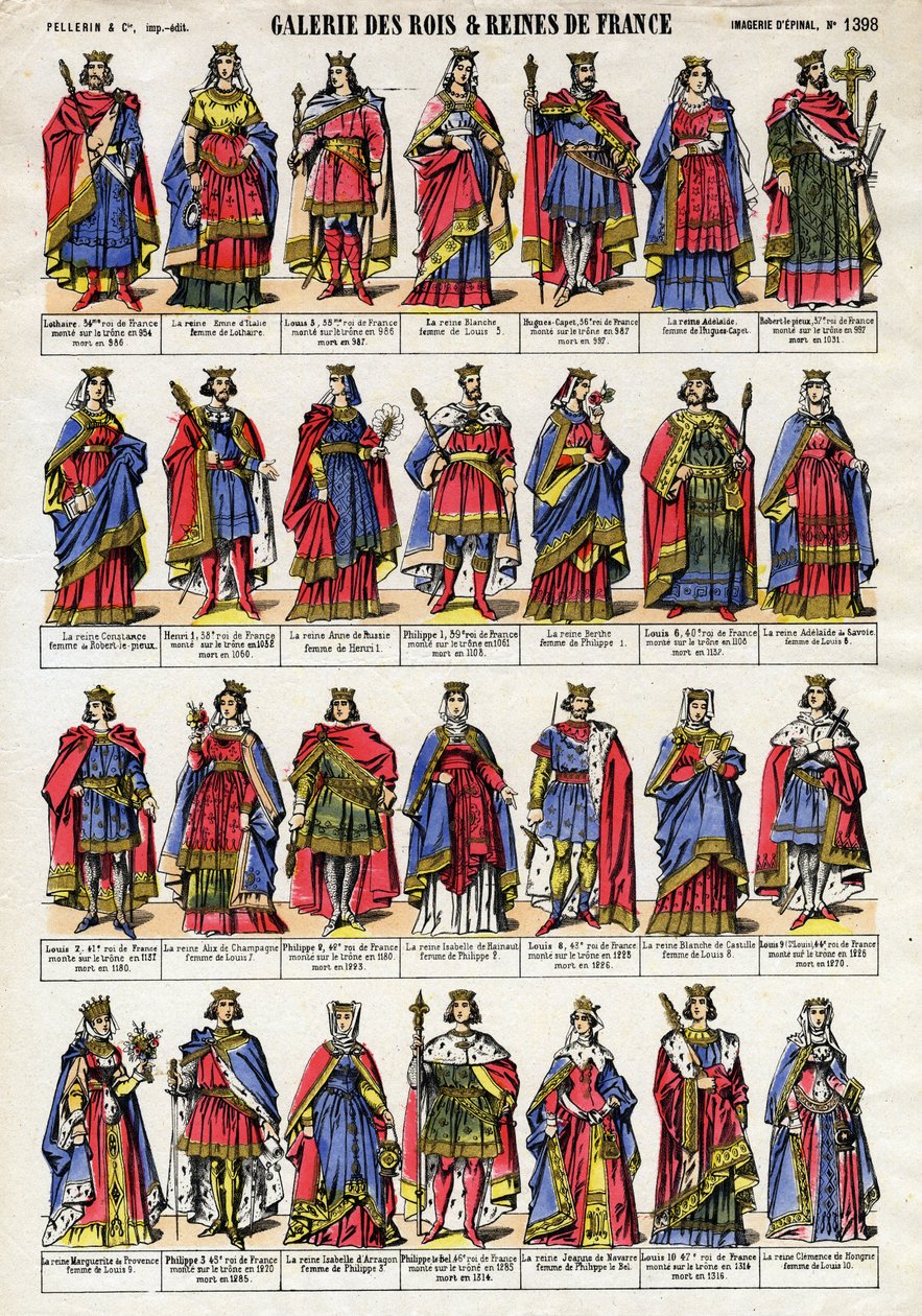 ロトワール（941-986）からルイ10世（1289-1316）までのカペー朝（Capetian dynasty）のフランス国王・王妃の肖像。19世紀末のエピナル撮影。個人蔵。 作： フランス語学校