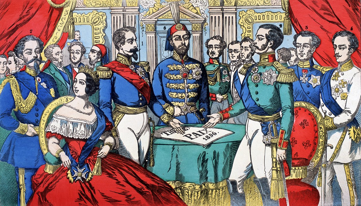 1856年の講和条約締結時のヨーロッパ各国の主権者の肖像：左からサルデーニャ王ヴィクトル・エマニュエル2世（ヴィットリオ・エマニュエル）、イギリス女王ヴィクトリア、トルコ皇帝ナポレオン3世、ロシア王アレクサンドル2世、F 作： フランス語学校