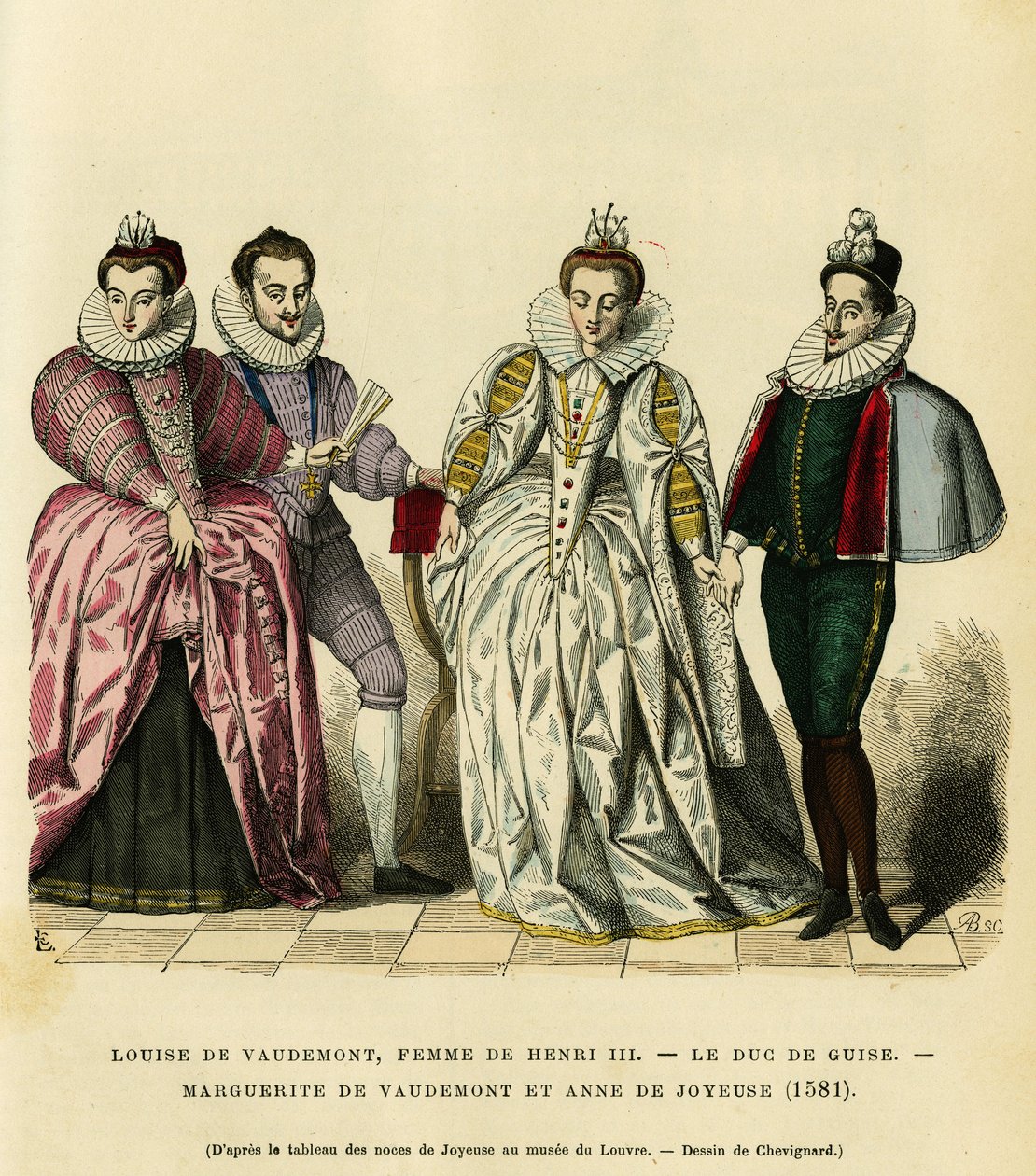 1581年、アンリ3世（1551-1589）の妻であるフランス王妃ルイーズ・ド・ヴォーデモン（1553-1601）、第3代ギーズ公アンリ1世（バラフレ）（1549-1588）、ヴォーデモン伯爵の娘マルグリット・オブ・ロレーヌ（1564-1625）の肖像画（Nicolas 作： フランス語学校