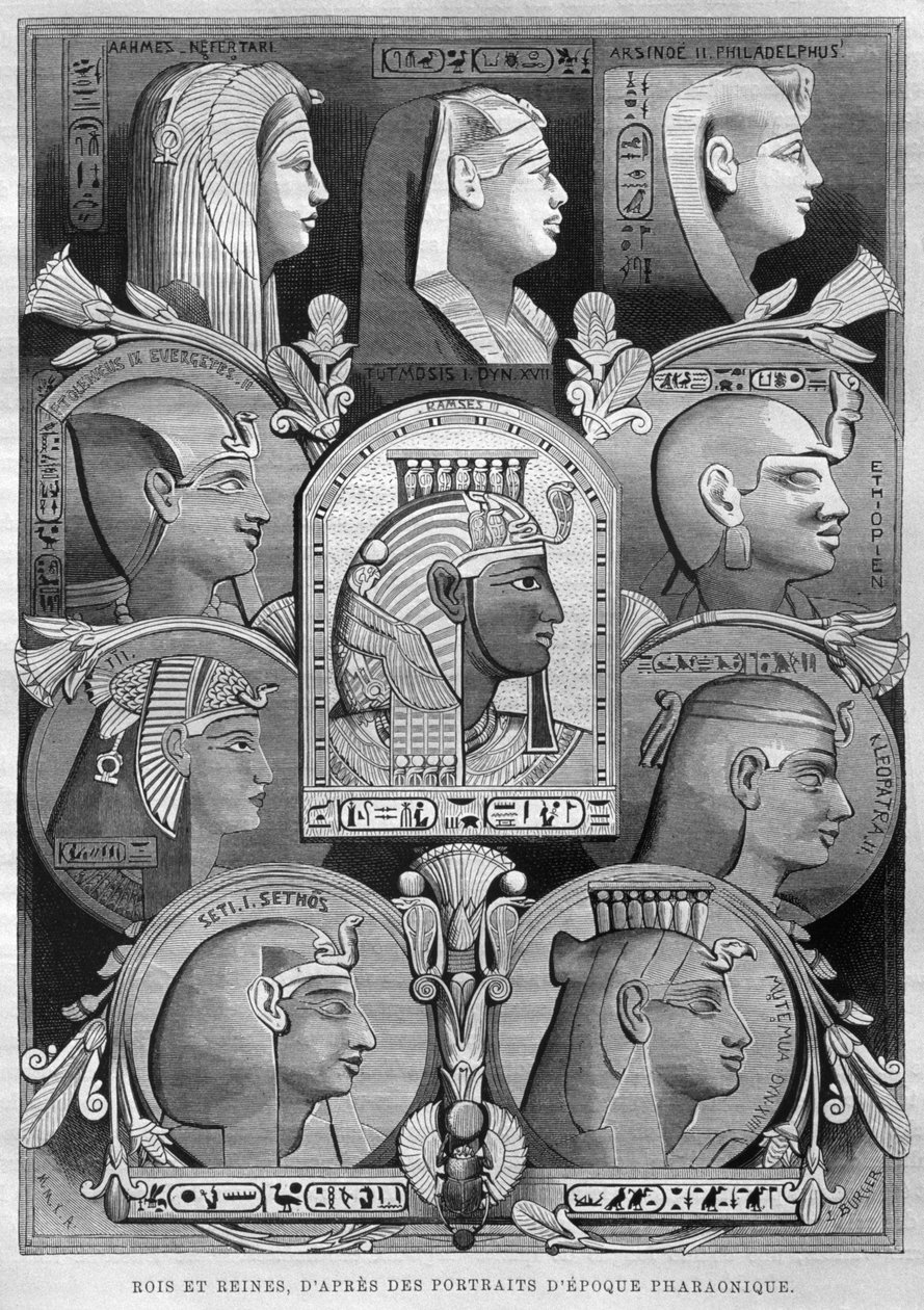 ゲオルクモリッツエバースのLEgypte（1837-98）、1881年（bw彫刻）の古代エジプトの女王と王の肖像画 作： フランス語学校